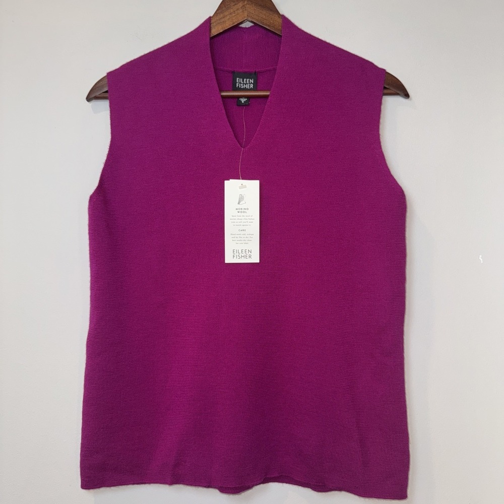 Eileen Fisher Pink Punch 100% Merino Wool V Neck Sweater Vest Small Italian Yarn